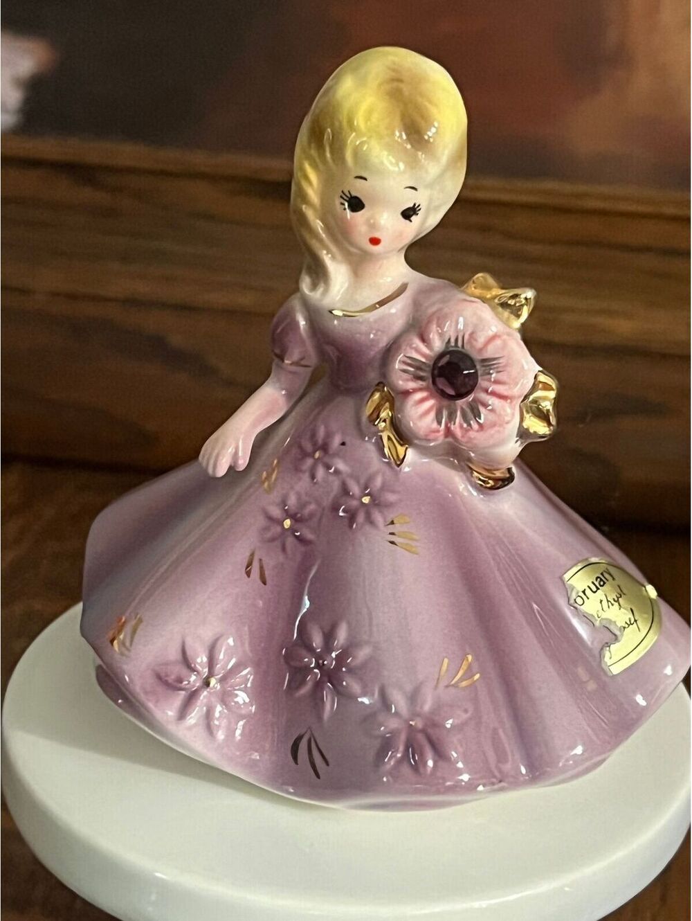 Josef Originals February Birthday Figurine W/Amethyst Rhinestone